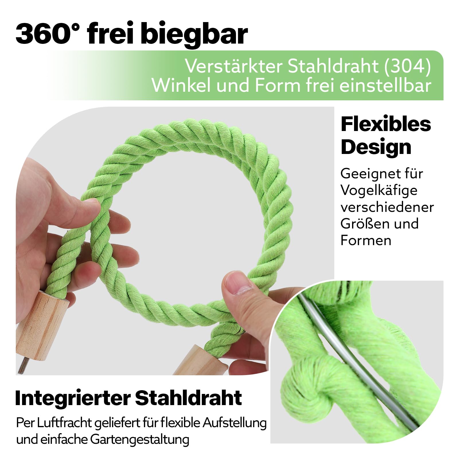Lot de 2 cordes de chanvre pour oiseaux, 100 cm, accessoires de support de cage à oiseaux, renfort en fil de fer malléable, convient pour perroquets, perruches, calopsittes et plus encore