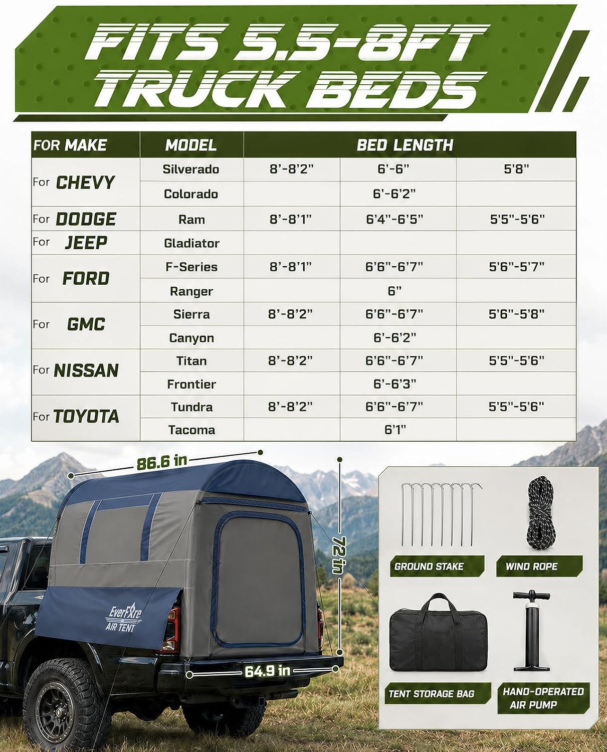 Inflatable Truck Bed Tent for Camping with Detachable Zippered Awning, Fits 5.5ft-8ft Pickup Truck Beds, 2-Min Fast Setup, PU3000mm Waterproof, Trucks & Ground Tent, Windproof Shelter for 2-3 Person