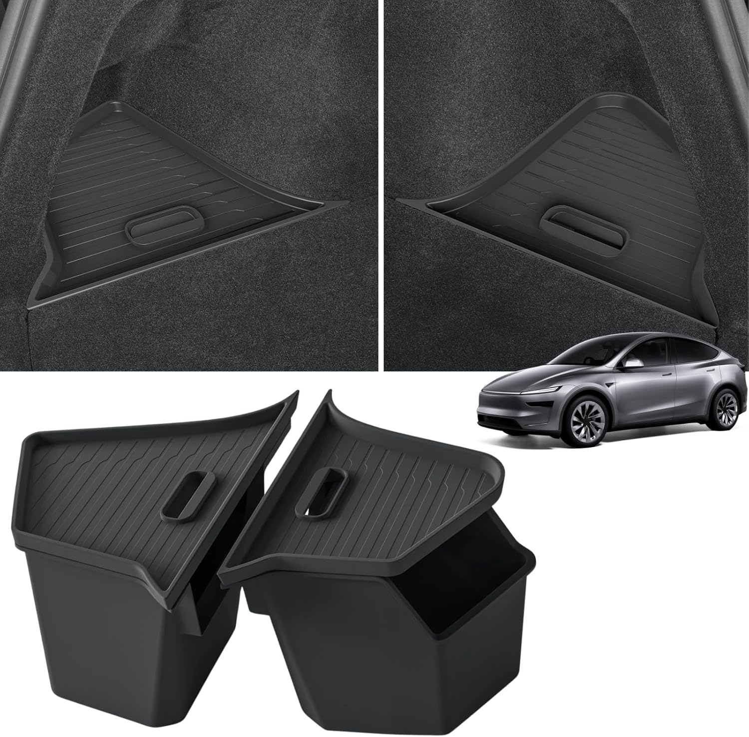 2 Pcs Trunk Storage Bins Compatible with 2025 2026 New Tesla Model Y Juniper Rear Trunk Side Organizer with Lids Hidden Compartment - TPE Waterproof, Black Interior Accessories