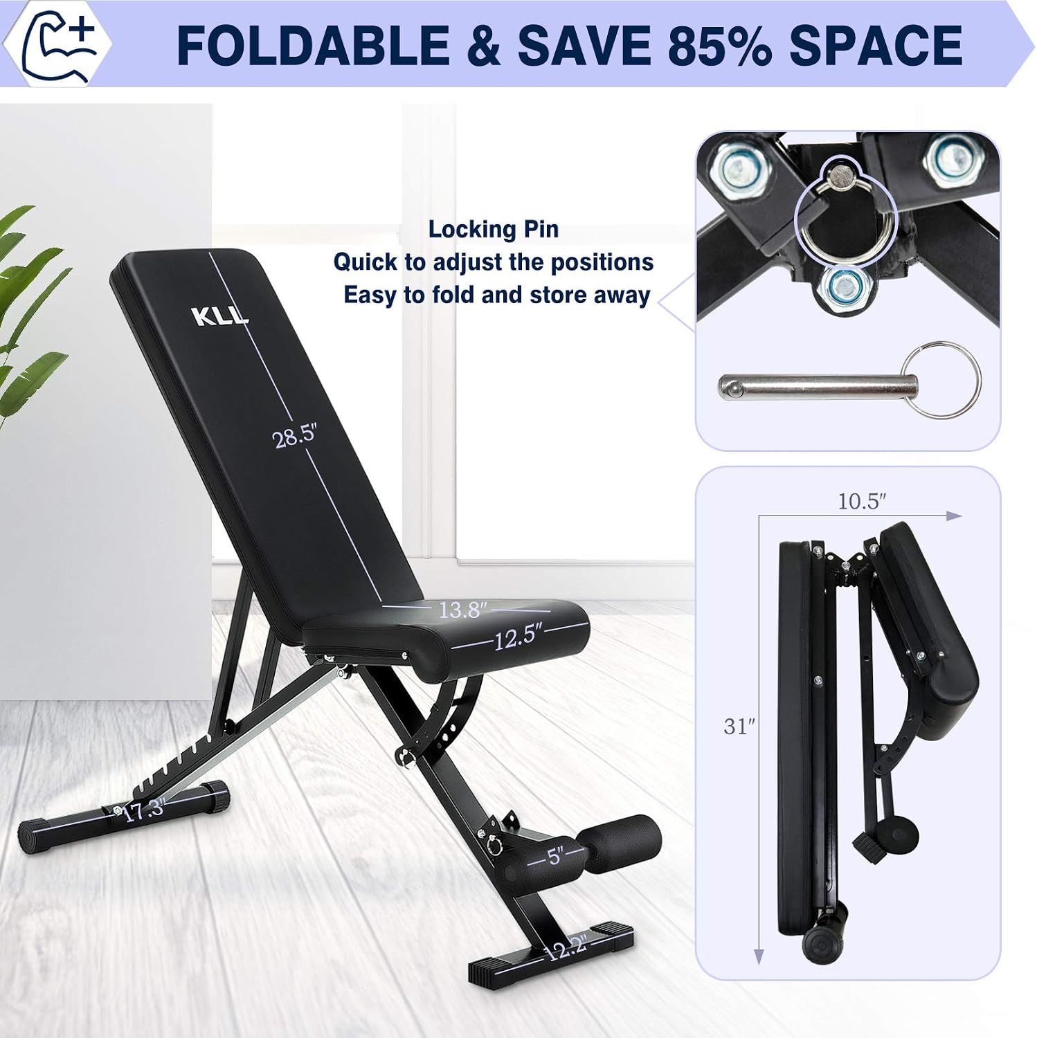 KLL Adjustable Weight Bench, Foldable Strength Training Bench for Full Body Workout, Multi-Purpose Fitness Bench Incline Decline Bench for Home Gym