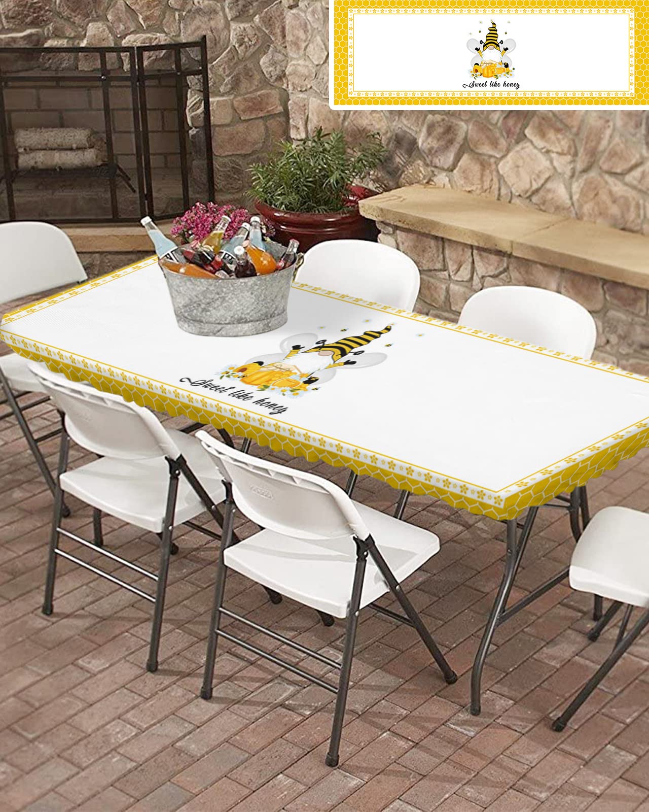 Fitted Tablecloth for 8 ft Table,Cute Spring Gnomes with Floral Fitted Elastic Edge Table Cover for Rectangle Tables,Yellow Bee Honeybee Waterproof Table Cloth for Kitchen Outdoor Patio Party
