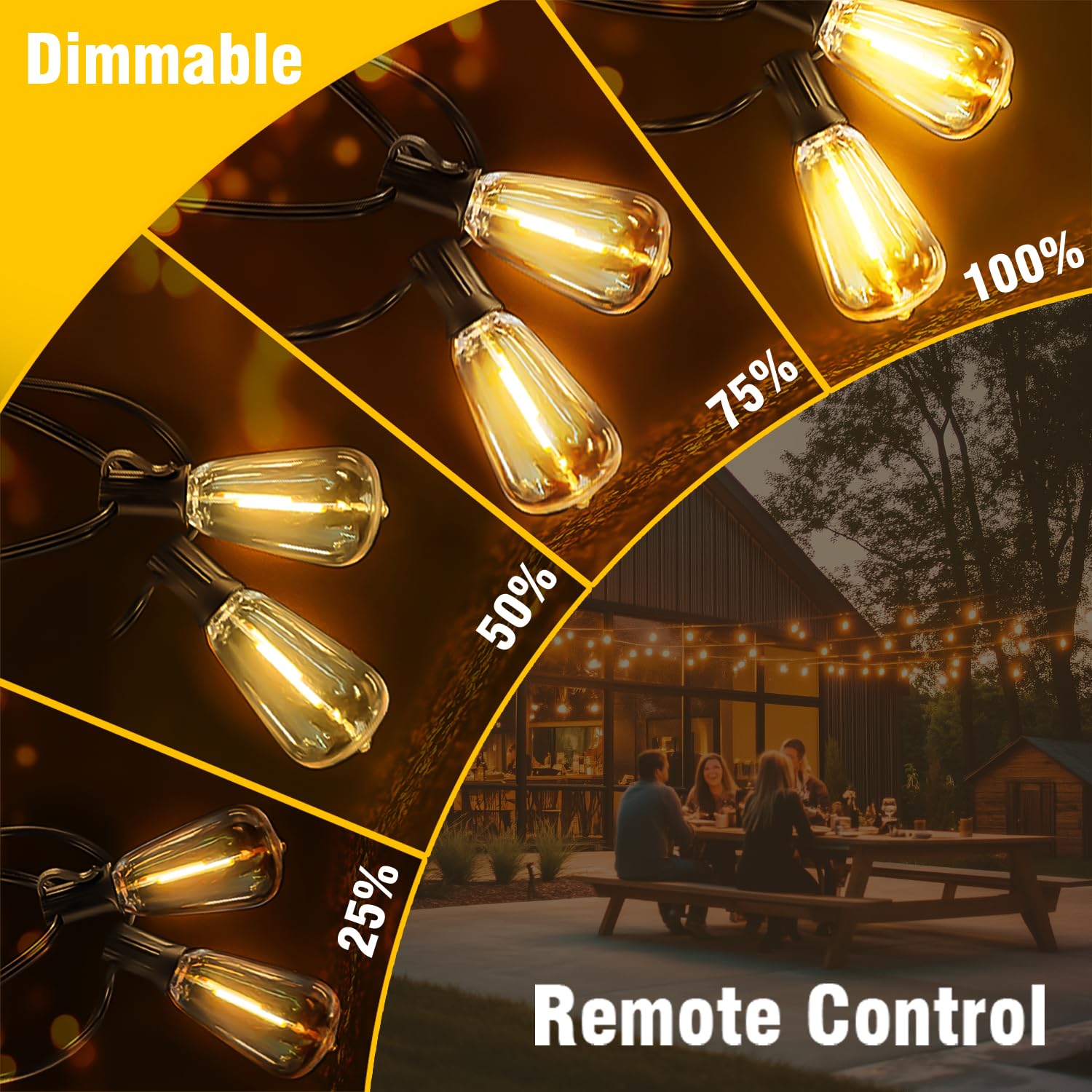 Solar-Lichterkette für den Außenbereich, wasserdicht, mit Fernbedienung und Timer, bruchsichere LED-Birnen, USB- und solarbetriebene Terrassenlichter für Hinterhof, Veranda, Garten, Hochzeit