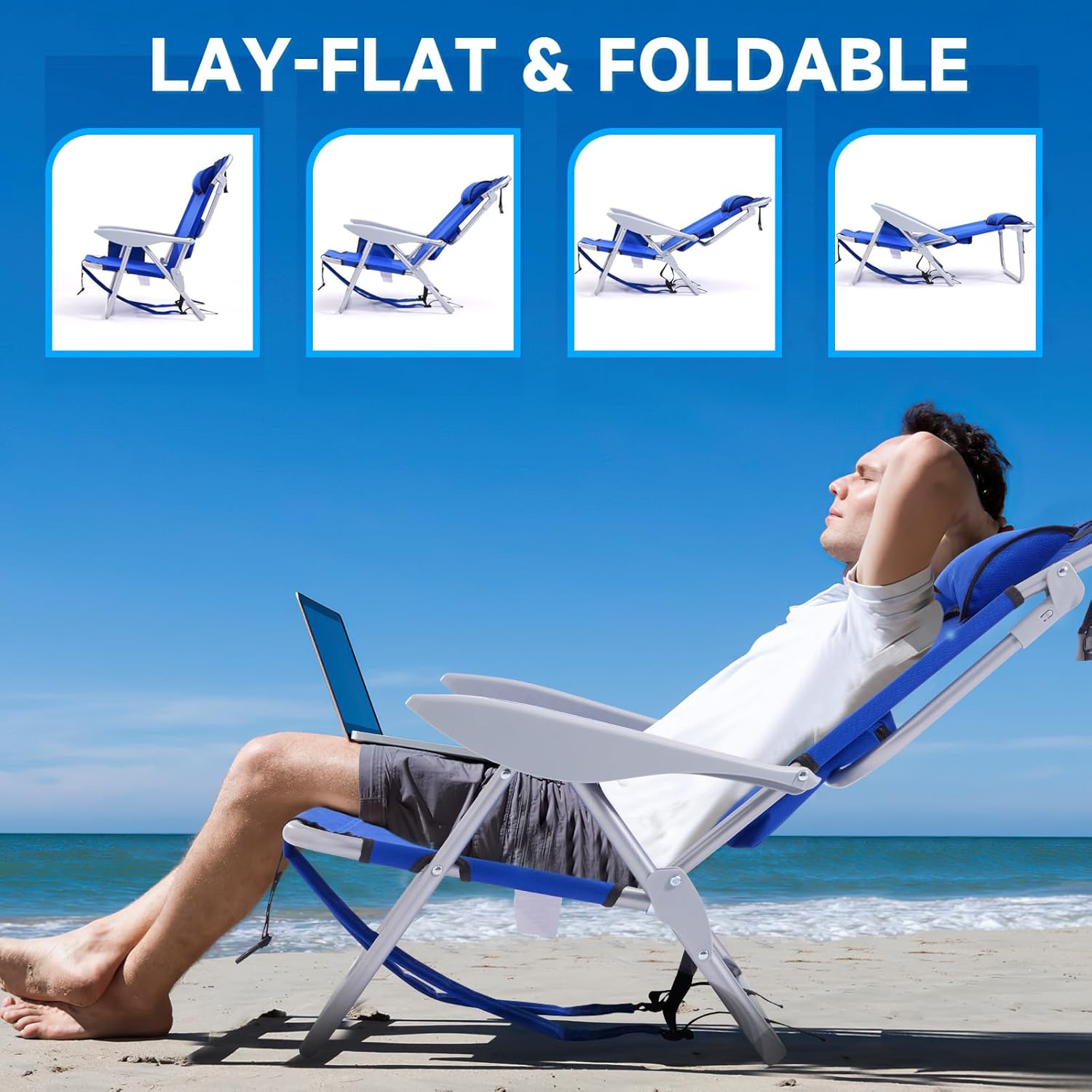 Portable Beach Chair for Adults, Outdoor Camping Chair Lay Flat Folding Backpack Beach Reclining Chair with 5 Positions, Headrest, Zipper Pouch, Cup Holder, Blue - Image 4