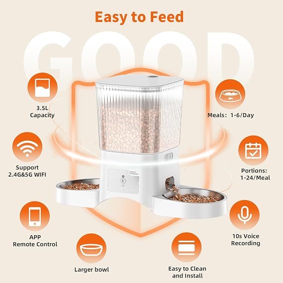 HoneyGuaridan Automatic Cat Feeder with 5G/2.4G WiFi,3.5L Programmable Automatic Feeder 2 Cats,APP Control Cat Food Dispenser,10s Accompanying Recording,Dual Power Supply,Four Anti-Slip Feet