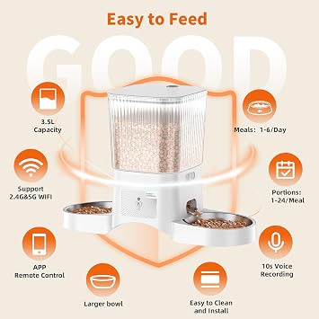 HoneyGuaridan Automatic Cat Feeder with 5G/2.4G WiFi,3.5L Programmable Automatic Feeder 2 Cats,APP Control Cat Food Dispenser,10s Accompanying Recording,Dual Power Supply,Four Anti-Slip Feet