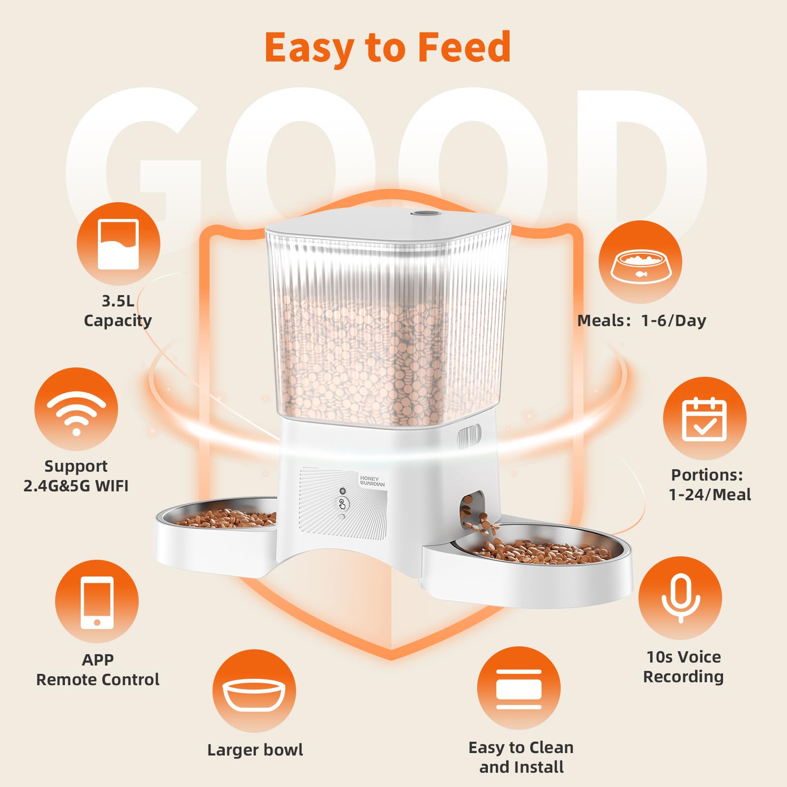 Distributeur Croguettes Chat Automatique Double, HONEYGUARDIAN 5G/2.4G WiFi Gamelle Chat Automatique 4 Bols(Bol INOX +Bol Lente), Distributeur Croquettes Chats/Chien, Opération Facile & Contrôle APP