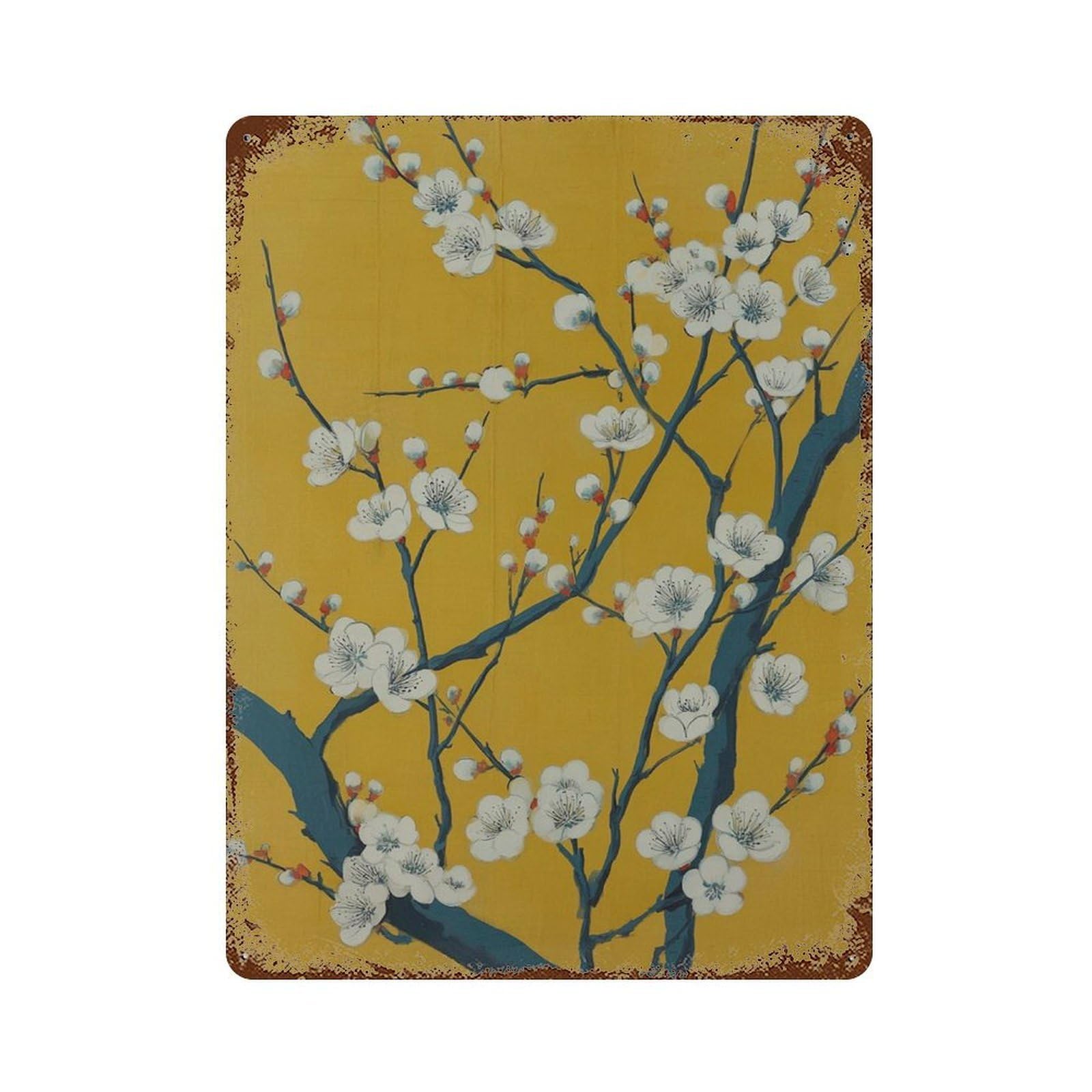 xiaoxiaoshen Cherry Blossom Yellow Floral Japanese Plum Tree Oriental Flower Wall Decor Art Metal Tin Poster Modern Home Decor Art Home Bar Shop Decorations Vintage Sign 40x30cm