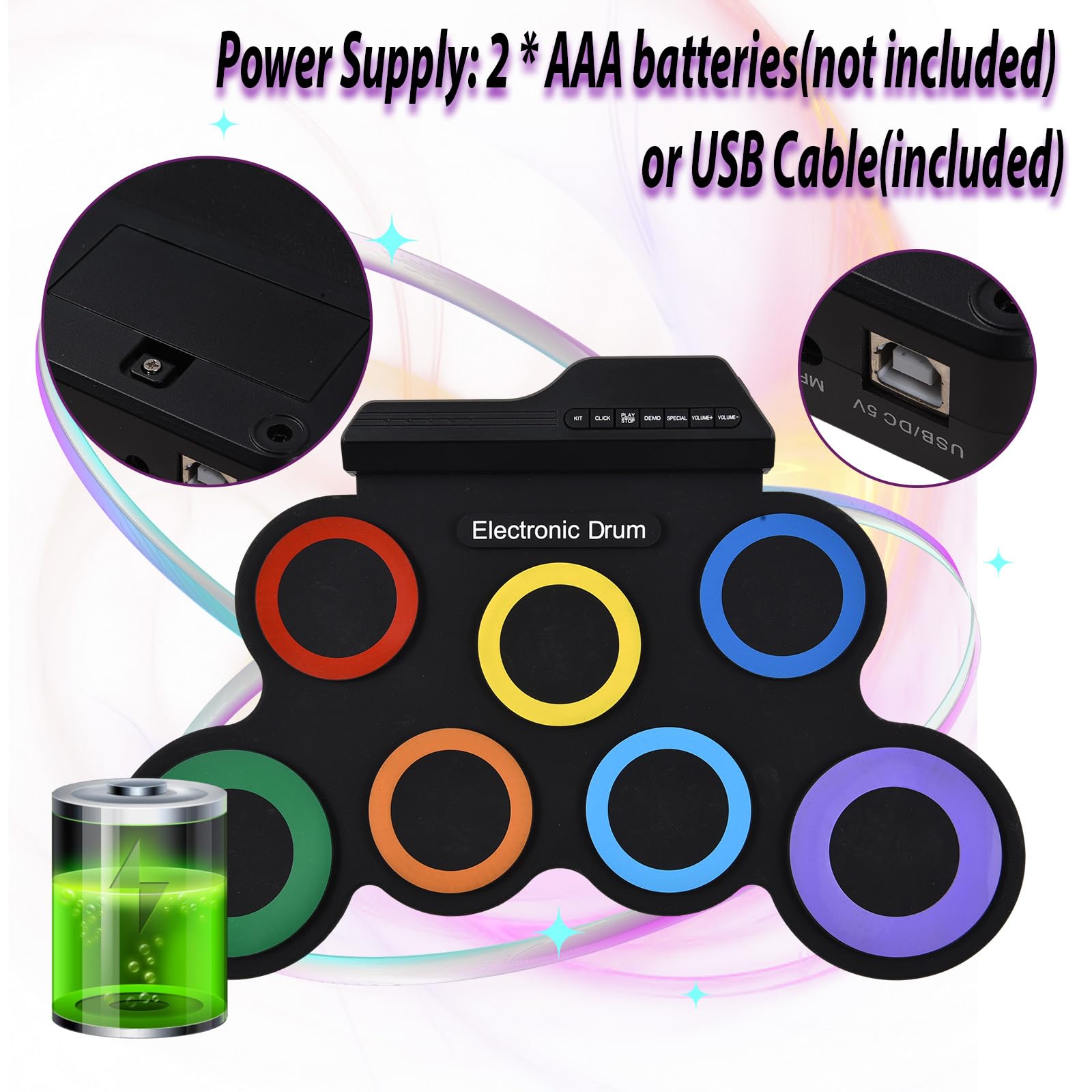 Set di batteria elettrica Kit di pad per batteria portatile 7 pad con jack per cuffie Pedali Bacchette Regalo di compleanno per le vacanze Strumenti musicali Pad per esercitazione Kit di batter