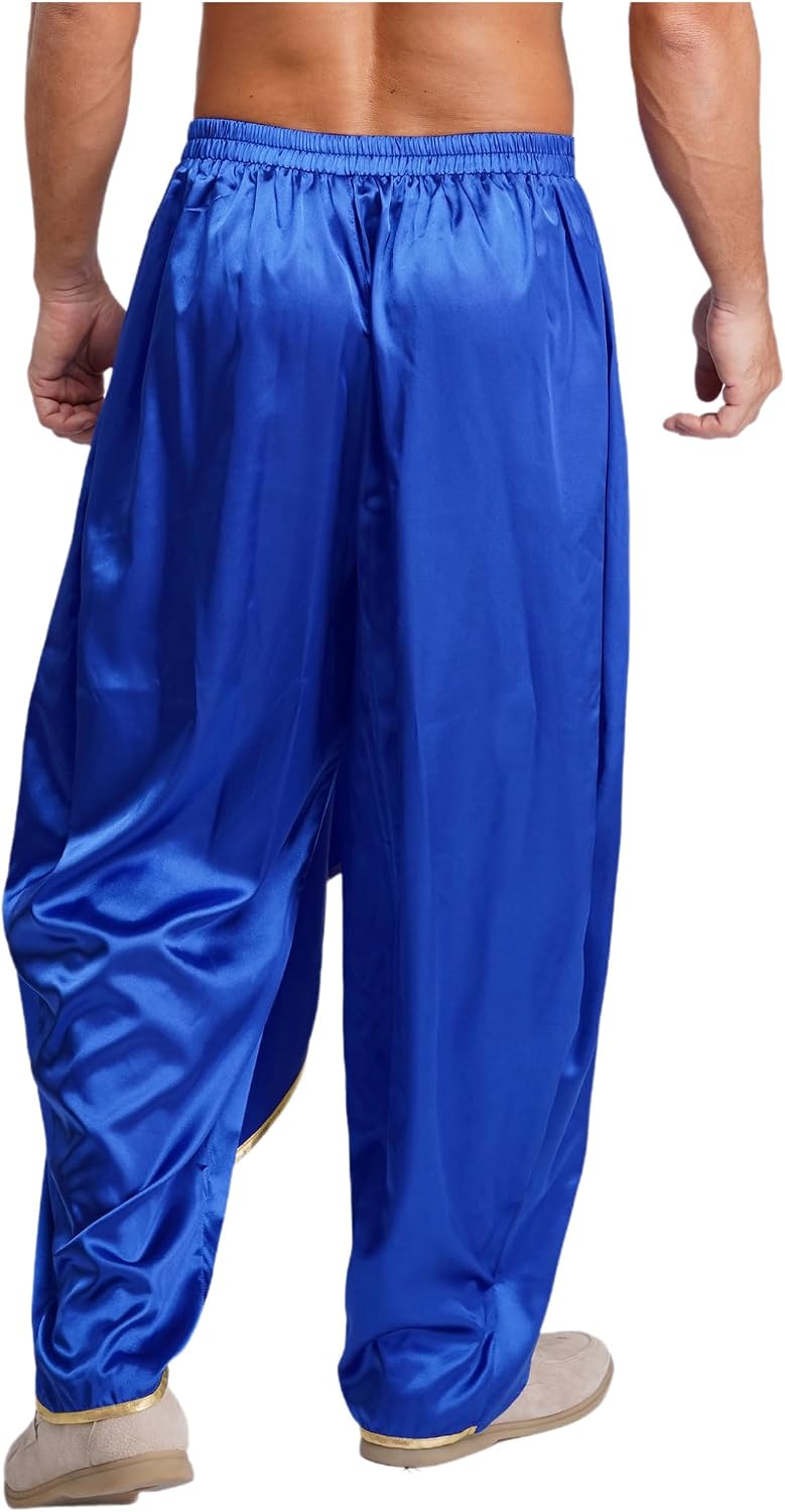 Oyolan Adult Men Shiny Satin Boho Hippie Trousers Elastic Waist Draped Baggy Bloomers Harem Pants