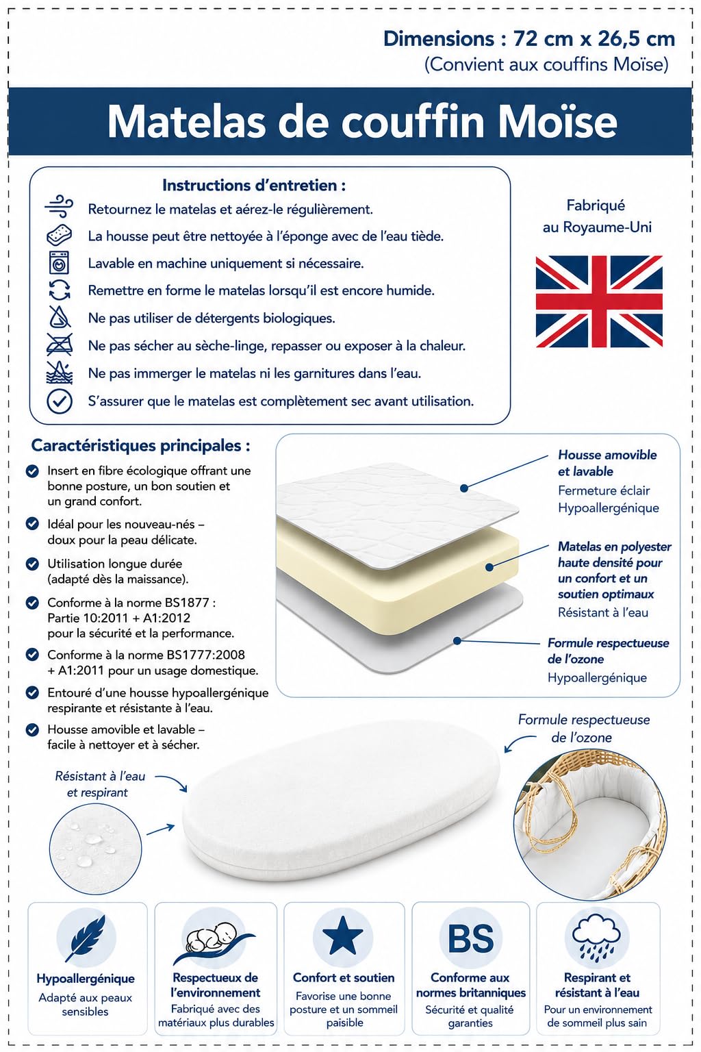 Matelas pour couffin Moïse – 72 x 26,5 cm, Matelas Kinder Flow pour couffin Moïse avec Housse Amovible, hypoallergénique et Lavable. (Blanc)