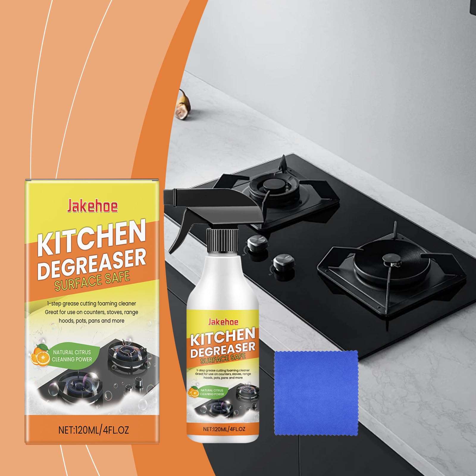 Kitchen Degreasing Foam Cleaner, leistungsstarkes Küchenentfettungsspray, strapazierfähiges Entfettungsreinigungsspray für Arbeitsplatten, Allzweck-Haushaltsblasenreiniger, 120ml + Handtuch (5pcs)