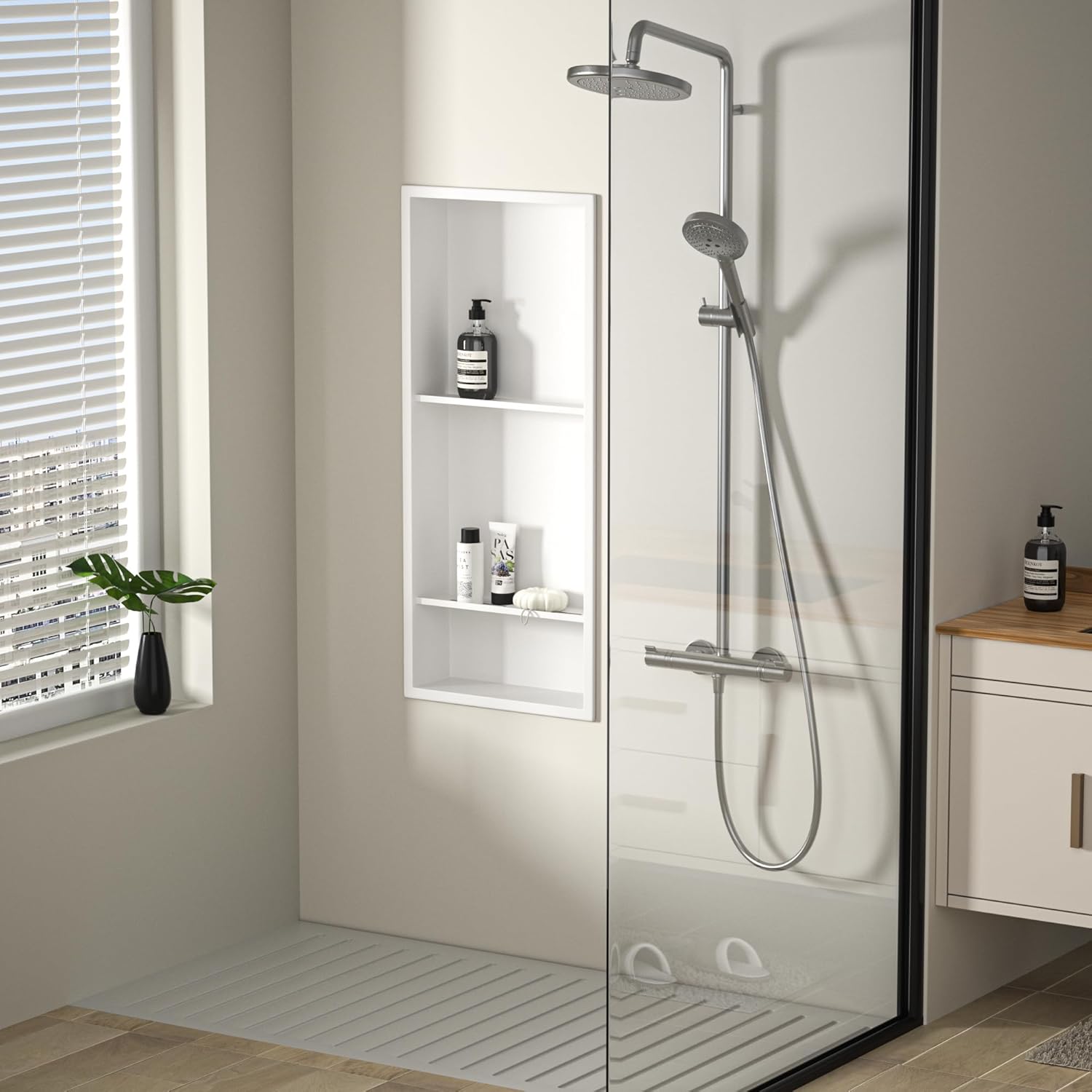 stainless steel shower niche 30" x 12" white with 3-tiers shelves no tile needed niche shower for bathroom storage recessed shower shelves over mount installation 30"x 12" white