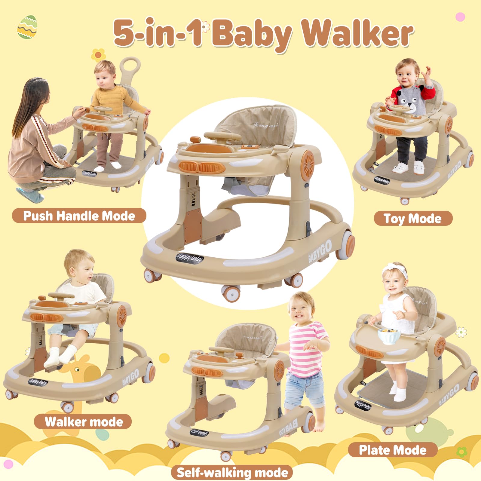 Girello Bambini 4 in 1, Girello Pieghevole con Altezza Regolabili, Baby Walker con Vassoio Musicale, Tappetino e Freno, Design Anti-Ccollisione, Primi Passi per Bambini 6-18 Mesi