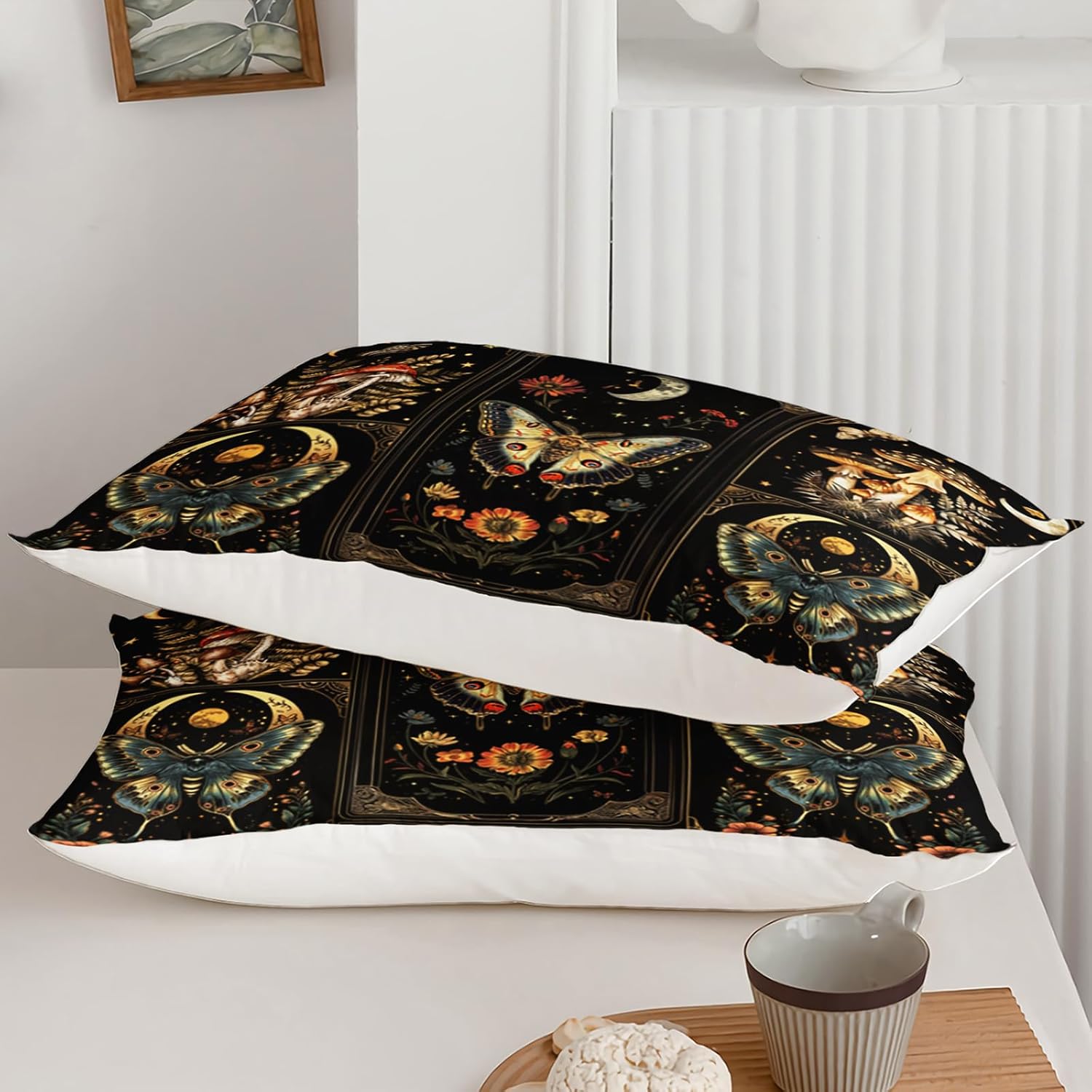 Mushroom Bedding Comforter Set for Kids Teens and Adults, Black Natural Wild Fungus and Butterfly Printed Quilt Set Twin Size, 3Pcs Room Decorative with1 Comforter with 2 Pillowcases