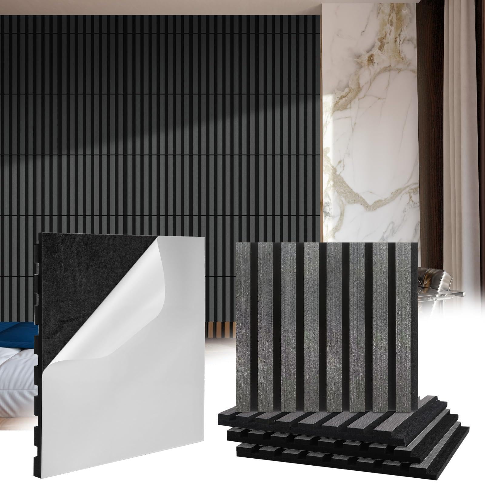 Photo 1 of 8 Pcs Wood Peel and Stick Panels for Wall 11.8" x 12.6" 3D Acoustic Self Adhesive Wood Slat Soundproof Textured Wall Panels for Interior Decor and Ceilings Decoration(Matte Grey)