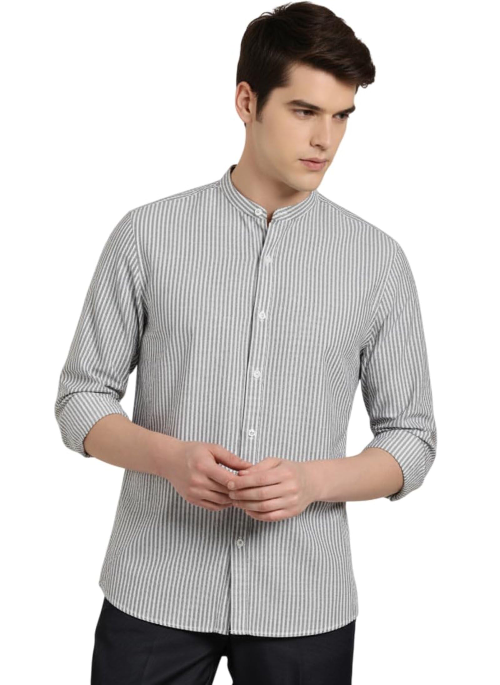 funky rich Vertical Stripe Mandarin Collar Cotton Shirt | Cotton Vertical Bengal Stripe Grandad Collar Long Sleeve Casual Button Down Shirts |Cotton Shirt for Men | Mens Shirts Branded-picture-58