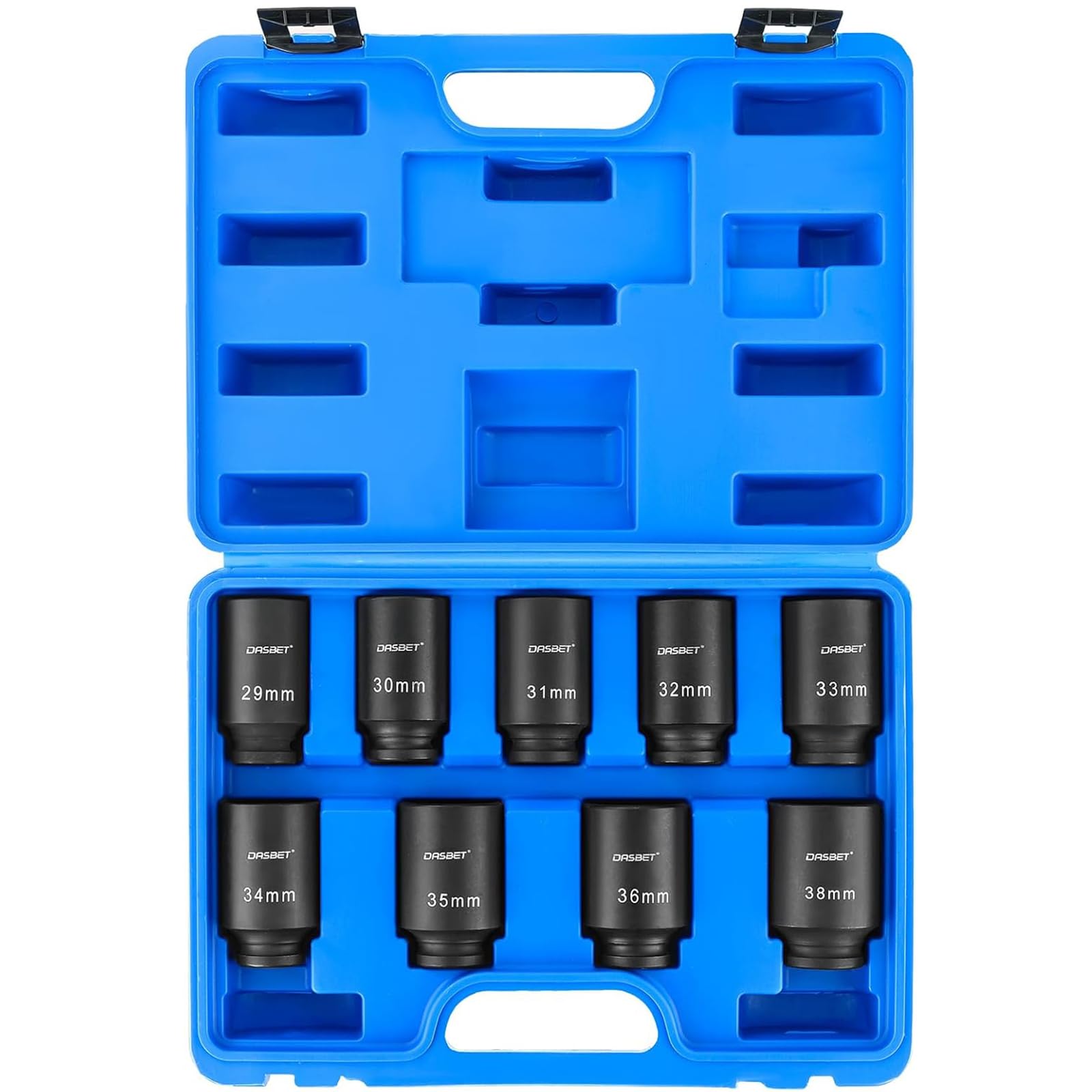 DASBET Set di bussole a impatto profondo da 0,5 pollici, 9 pezzi | Set di dadi mozzo per asse metrico a 6 punti, 29-38 mm