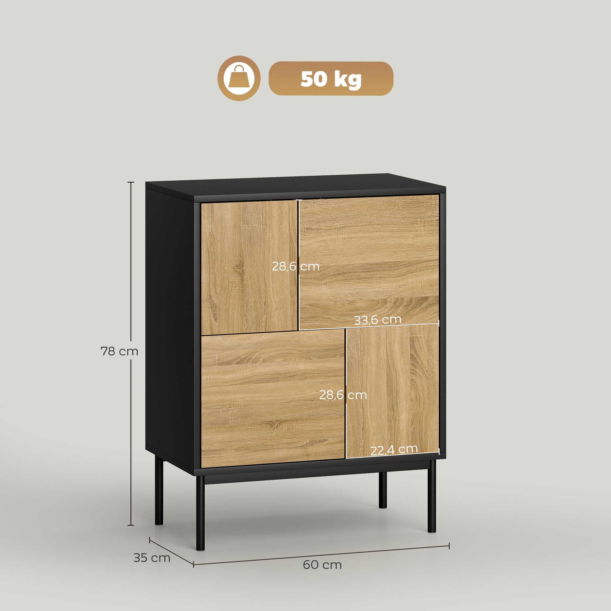 HOMCOM Buffet Salon Meuble Bas 60 x 35 x 78 cm Noir et Effet Bois Naturel | Meuble de Rangement, Armoire de Cuisine, Portes à Pousser, 4 Placards, Style Moderne, Buffet Salle à Manger et Salon