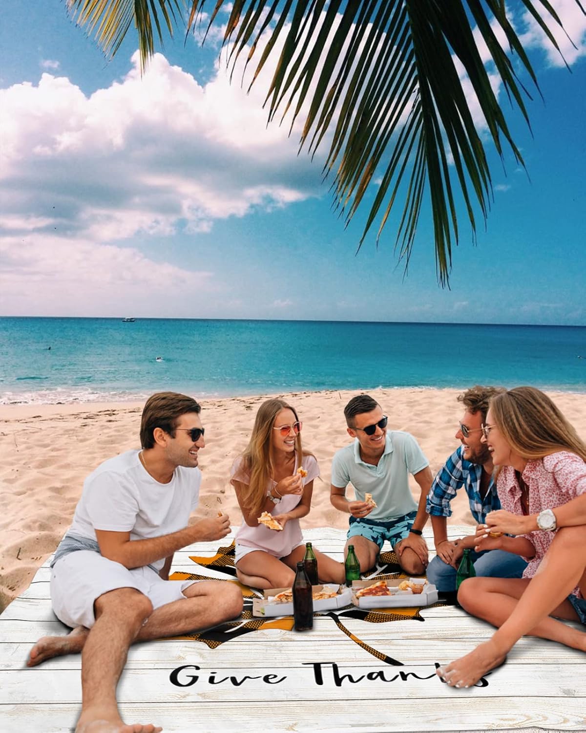 Thanksgiving Gingham Plaid Maple Leaf Beach Blanket Waterproof Sandproof Outdoor Picnic Mat 95"x80" Farm Wooden Plank Lightweight Large Beaach Blankets with 4 Stake & 4 Corner Pockets