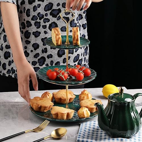 Miniatura 4 de Sweejar Juegos de té de porcelana de la serie real británica y soporte para pasteles de cerámica de 3 niveles (Jade)