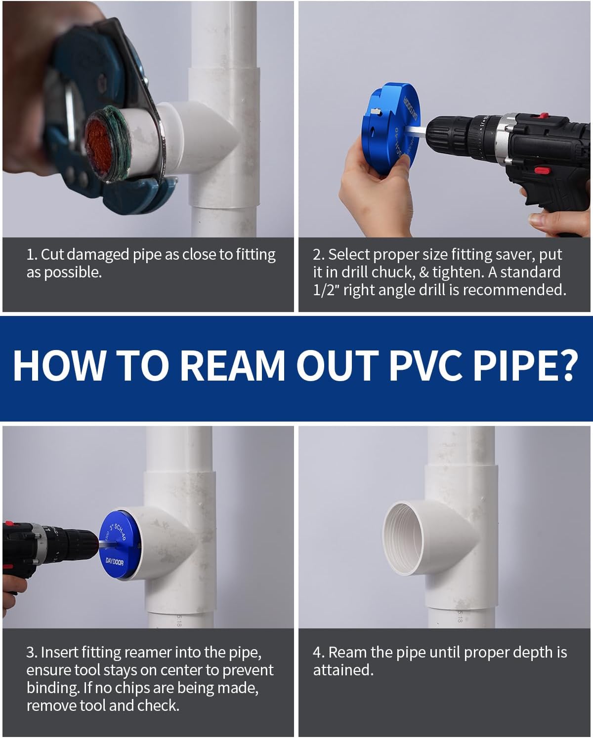 DAYDOOR 3'' PVC Pipe Reamer Head, 4-Sided Carbide Aluminum Reamer Tool, PVC Fitting Saver Fit into Standard 1/2" Drill, Plumbing Tools for Schedule 40 PVC, CPVC or ABS