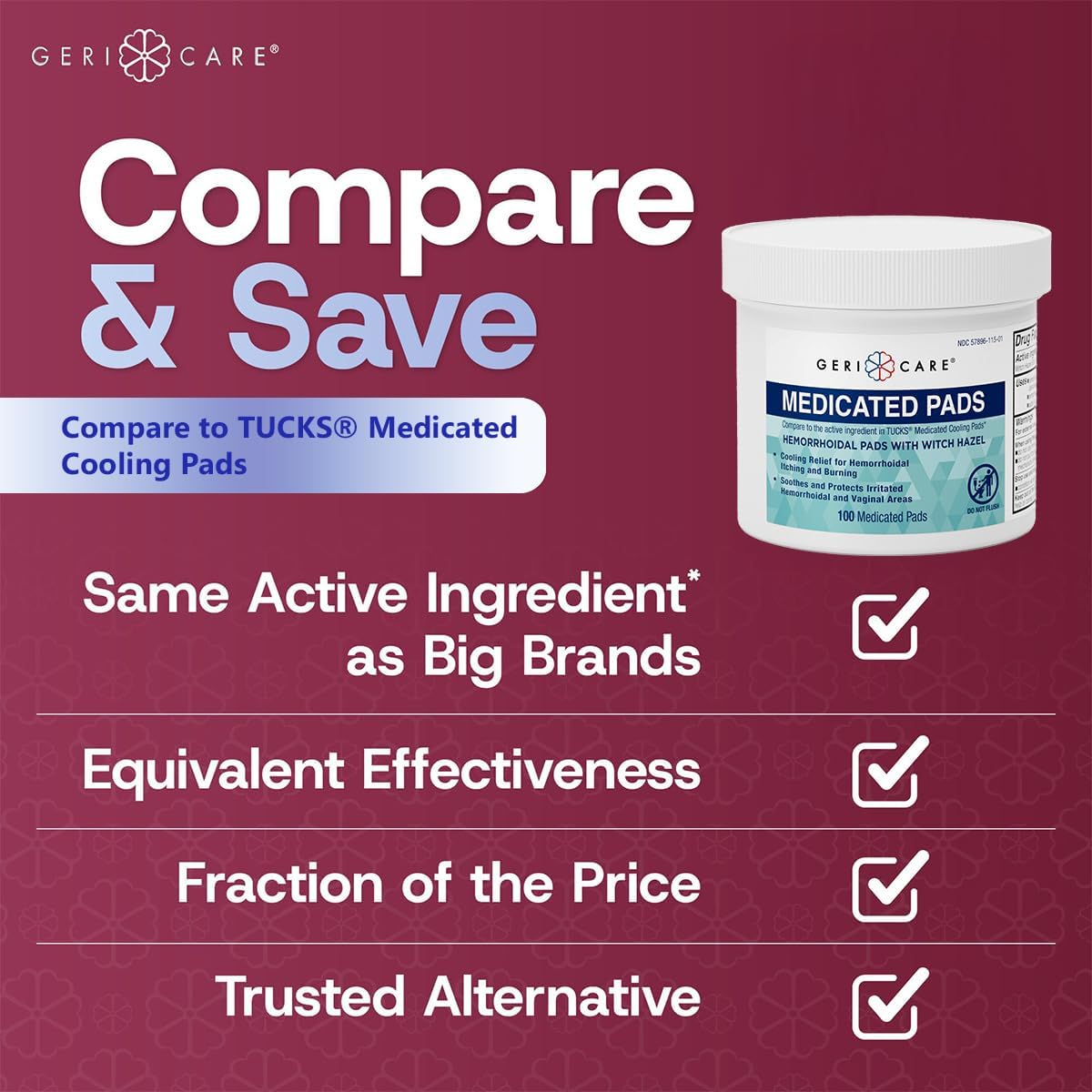 GeriCare Medicated Cooling Pads with Witch Hazel, for Soothing Itch, Discomfort and Burning, Pre-Moistened Pads Ideal for Sensitive Areas, 100 Count (Pack of 4)