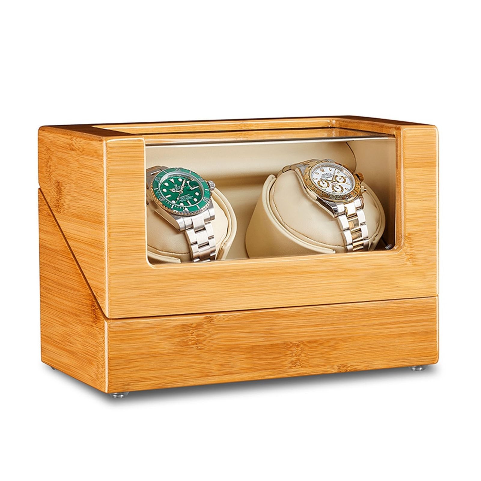 MYUYEE Bamboo Wood Watch Winder For 1/2/3 Automatic Watches With Quiet Japanese Motor Flexible Watch Pillows Watches Display Box Fit Lady And Man Watches (2+0)
