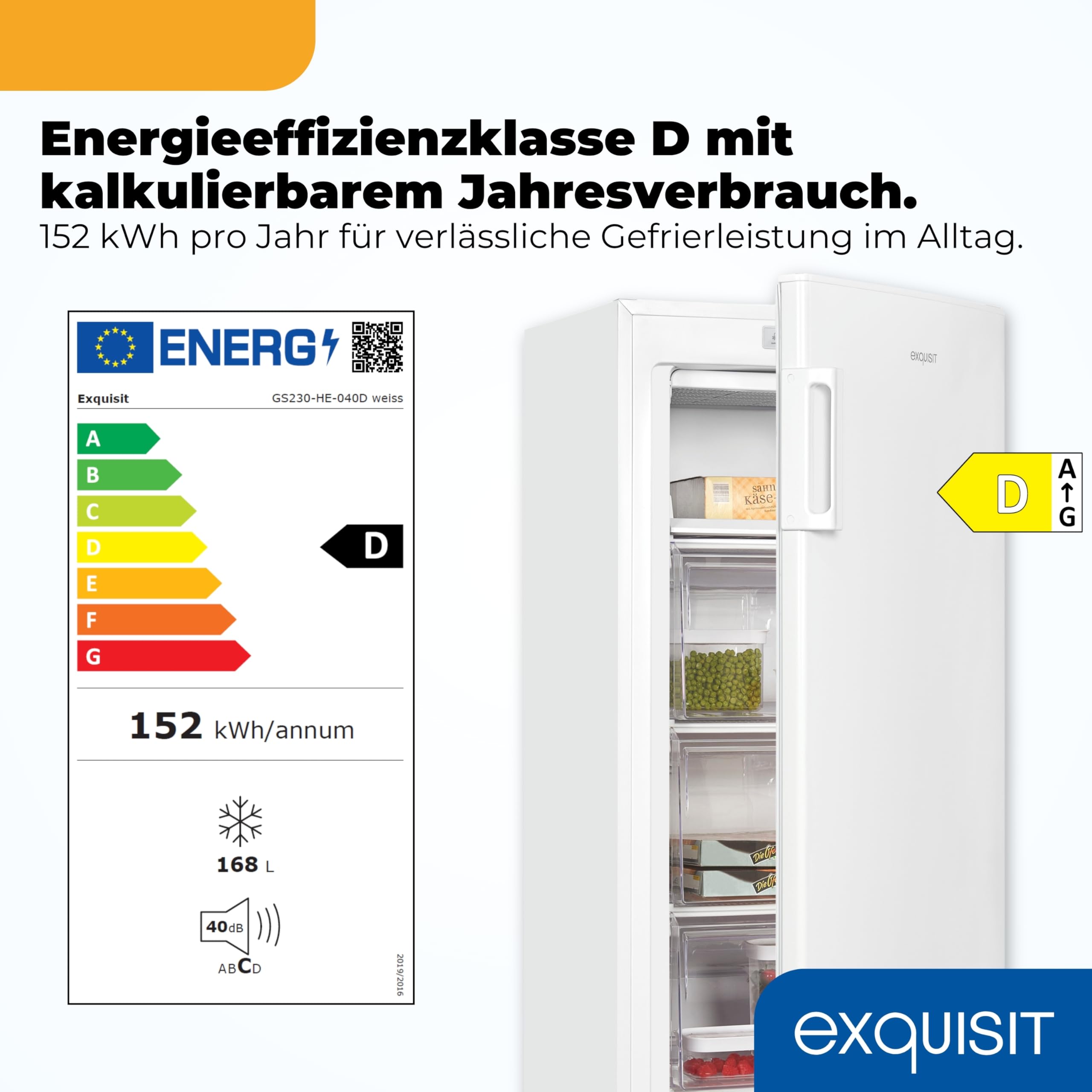 Exquisit GS5230-H-040D Gefrierschrank - 168 l Nutzinhalt - Klasse D - Weiß | Freistehendes Standgerät mit 4 Gefrierschubladen, 4-Sterne-Gefrieren, leisem 40 dB Betrieb und wechselbarem Türanschlag