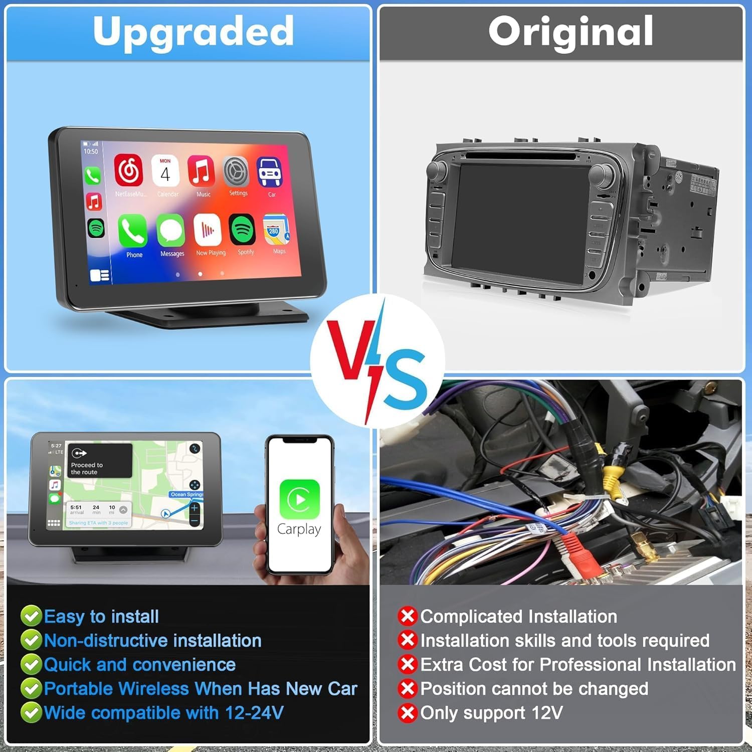 Hieha Car Play,Wireless Portable with Apple CarPlay and Android Auto Screen for Car,7" HD Touch Screen Car Stereo with Mirror Link,Backup Camera,Bluetooth5.2,GPS Navigation,AUX,FM for All Vehicles