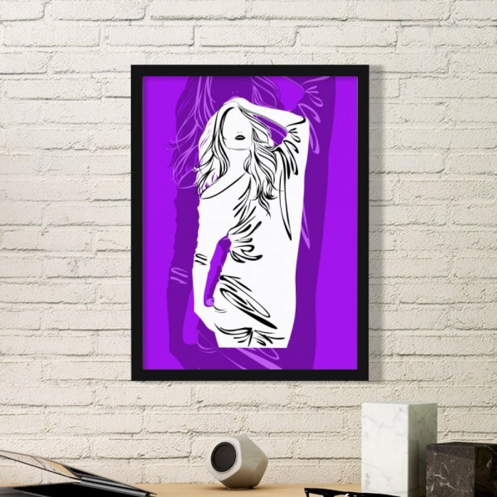 Cadre photo rectangle en bois avec peinture art femme aux cheveux longs violets noir medium
