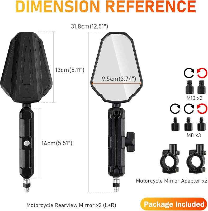 DREAMIZER Univerzális Motorkerékpár Visszapillantó Tükör 8-10mm Csavaros Rögzítéshez