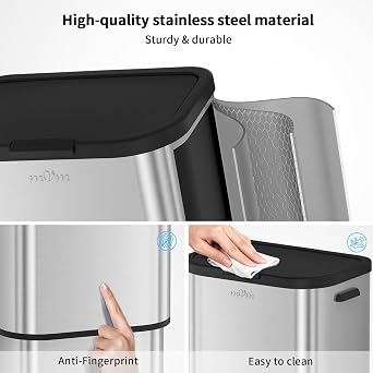 mVm 60L Kitchen Bin,Stainless Steel Trash Bin with Lid,Soft Close and Stays Open,Large Rubbish Bin,Garbage Bin for Home Office