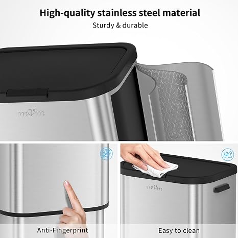 mVm 60L Kitchen Bin,Stainless Steel Trash Bin with Lid,Soft Close and Stays Open,Large Rubbish Bin,Garbage Bin for Home Office