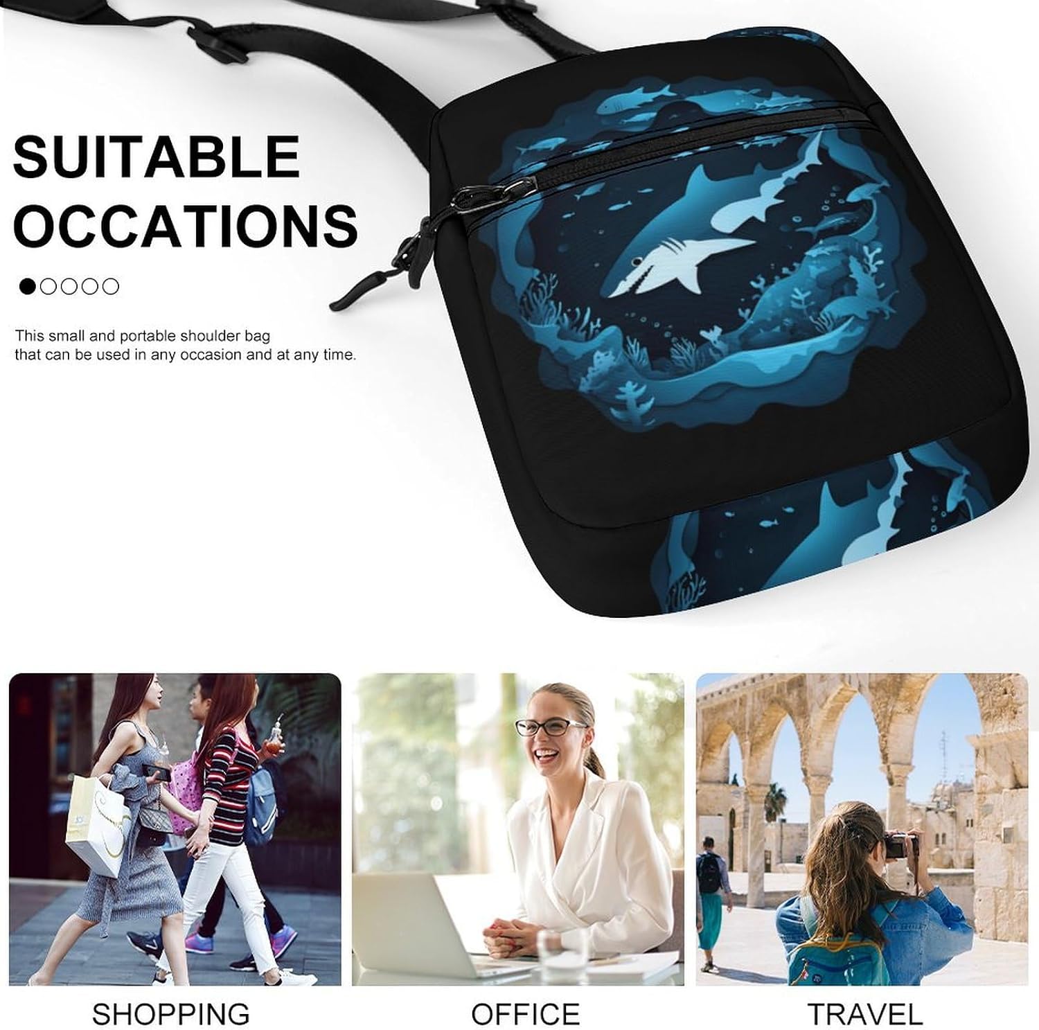 Shark Fish Undersea Cave Small Crossbody Bag Sling Shoulder Satchel | for women men,work travel workout,detachable and adjustable shoulder strap