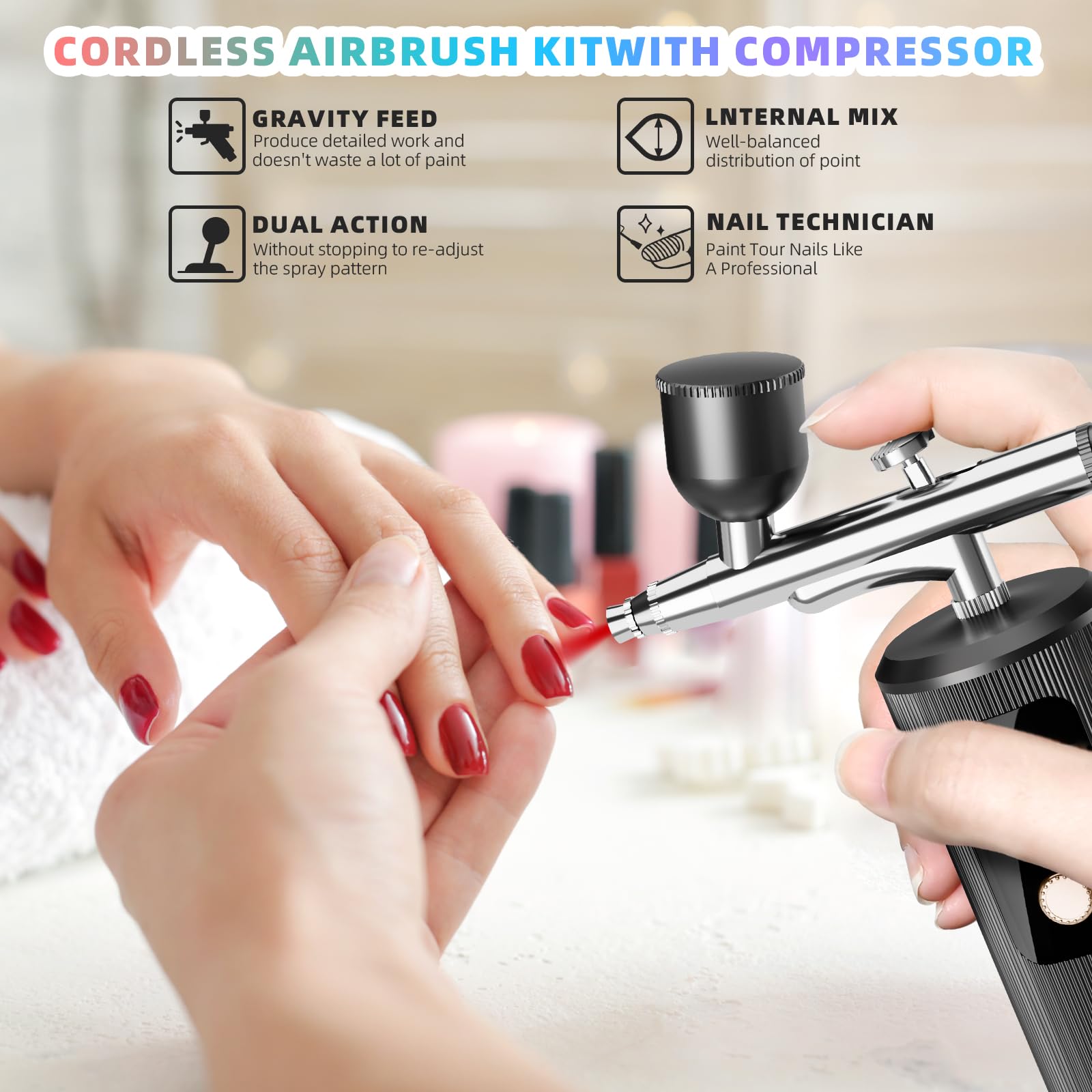 Airbrush-Kit mit Kompressor – 48PSI Hochdruck-Luftbürsten-Set, nicht verstopfend, kabellos, wiederaufladbar, mit 0,3 mm Düse und Reinigungsbürste für Nagelkunst, Make-up