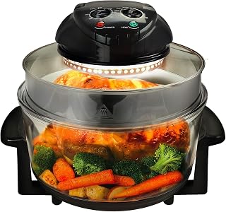 Multipurpose Countertop Halogen Oven Air Fryer with Rotisserie & Roaster Function – Rapid Heating, Oil-Free Cooking, Glass Bowl Convection Cooker for Healthy Meals, Black