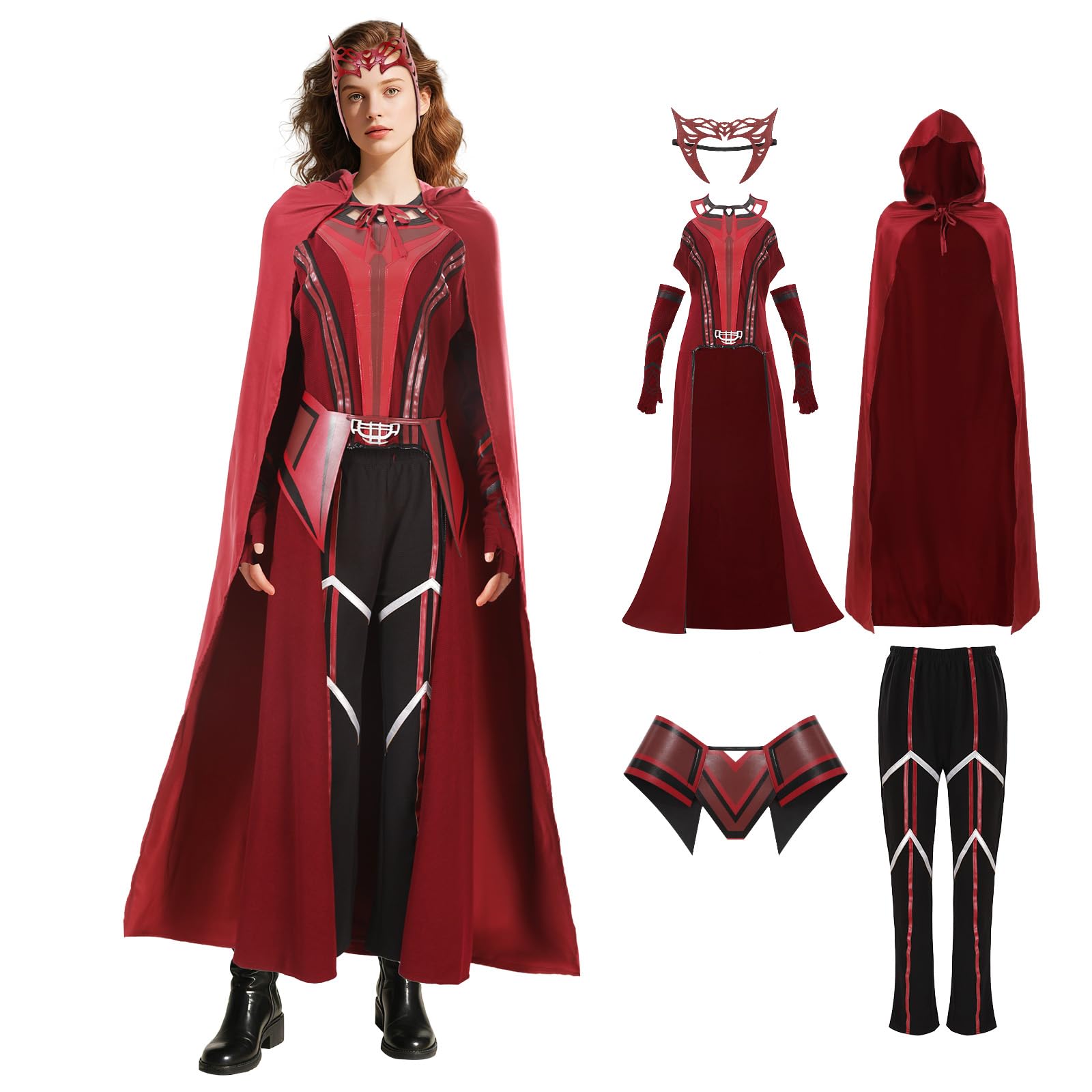 Costume da donna Scarlet Witch Wanda Maximoff con cappotto, giacca, pantaloni, tuta, copricapo, Halloween, cosplay, carnevale