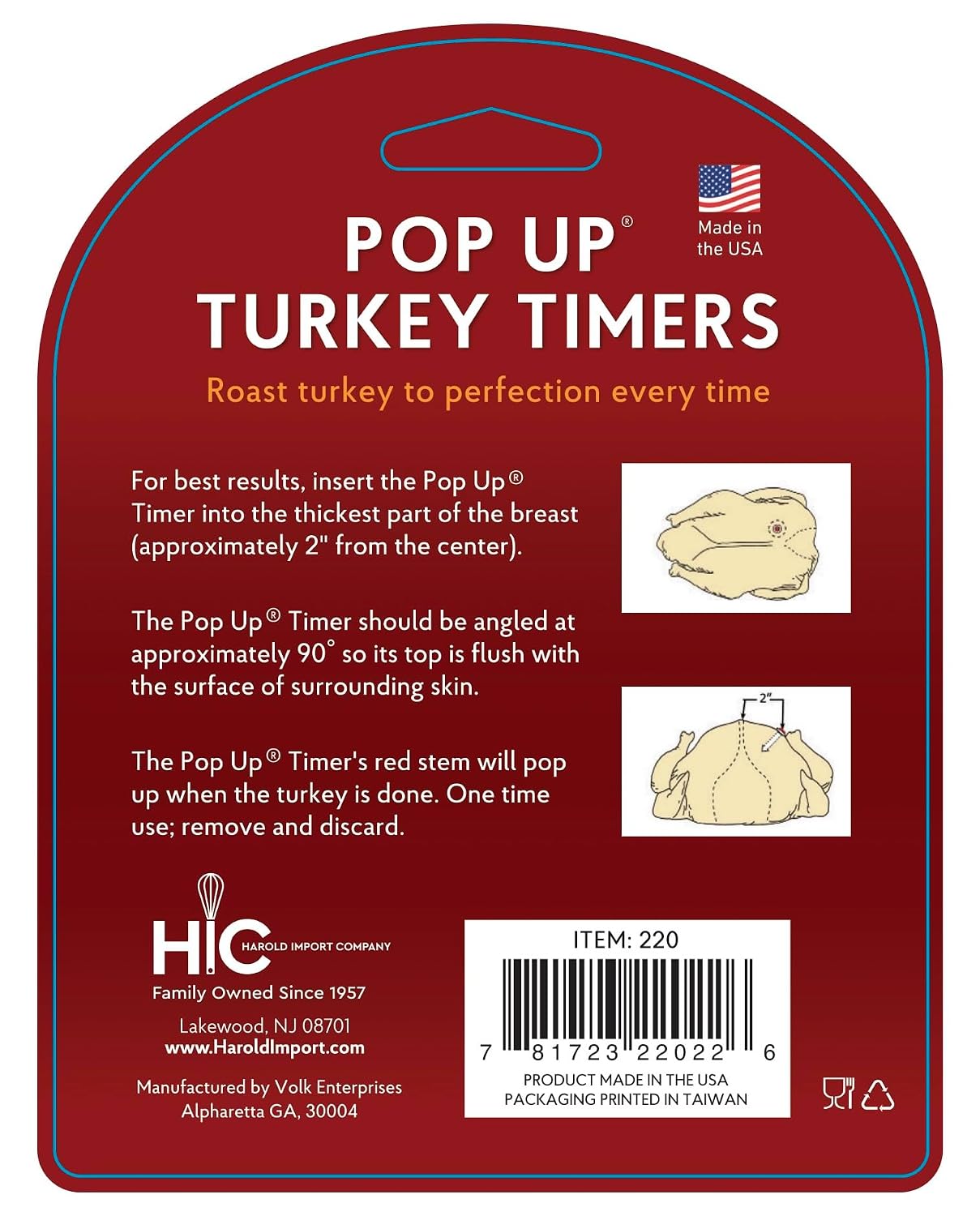 HIC Kitchen Roasting Pop-Up Timer, Calibrated to 180-Degrees Fahrenheit for Perfect Turkey, Stress-Free Thanksgiving & Holiday Roasting, Made in America, BPA Free, Set of 2
