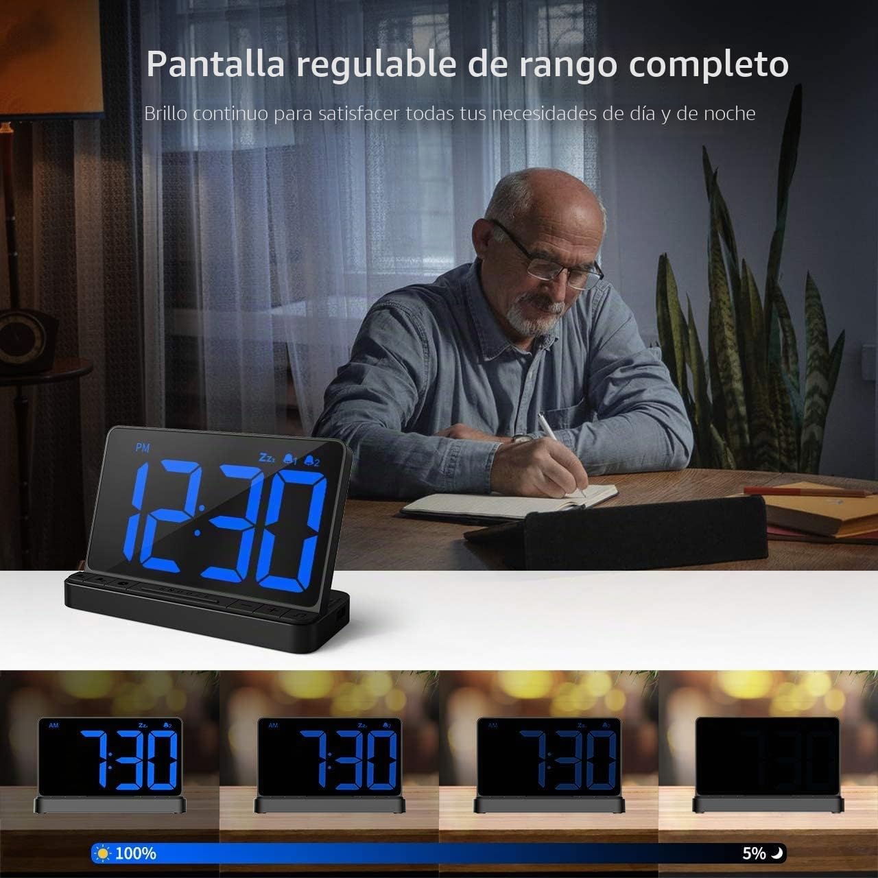 NOKLEAD Reloj Despertador Digital - Reloj Digital Sobremesa con 5 Sonidos de Alarma, Brillo Ajustable, Reloj Digital con Cargador USB, Pantalla LED Grande de 6.5 ", repetición y 12/24 Horas