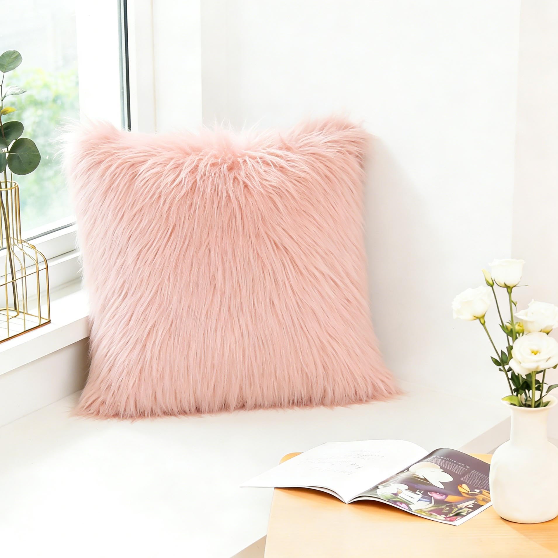 CROS 50 Pack Faux Fur Throw Pillow Covers 20x20 Inch, Ultra Soft Shaggy Decorative Cushion Covers with Hidden Zipper, Fluffy Plush Pillowcases for Sofa Couch Bed Bedroom Living Room, Pink