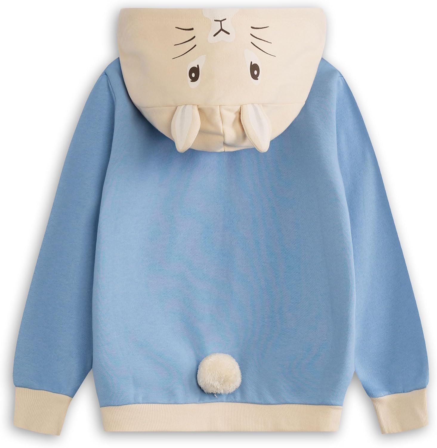 Peter Rabbit Kids Blue Hoodie | Rabbit-Shaped Hood with Embroidered Face | Long Sleeve Pull-On Jumper