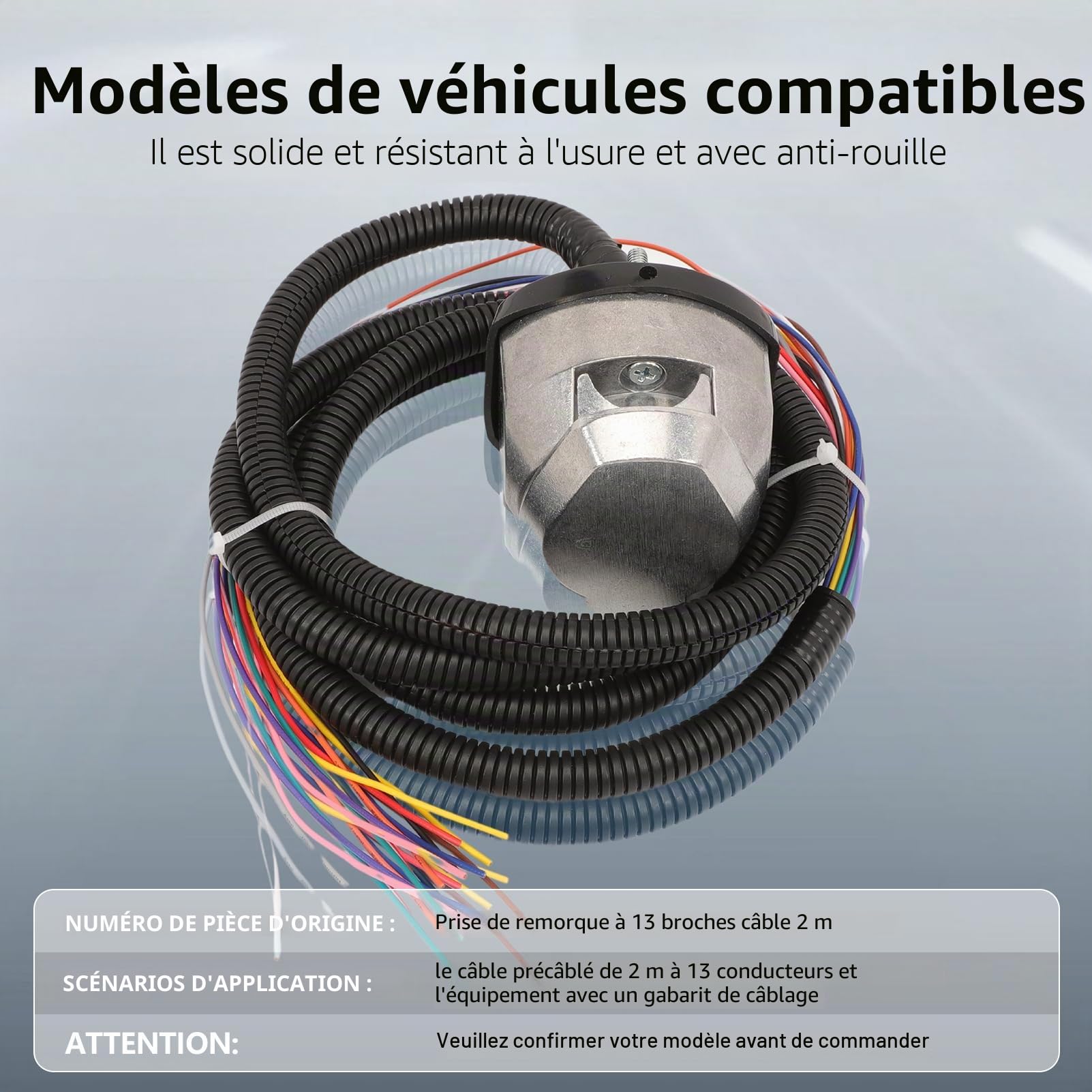 Prise Remorque 13 Broches avec Câble Étanche 2 m, Faisceau Pré-câblé 13 Fils, Norme ISO 11446, pour Remorque, Caravane et Véhicule Utilitaire