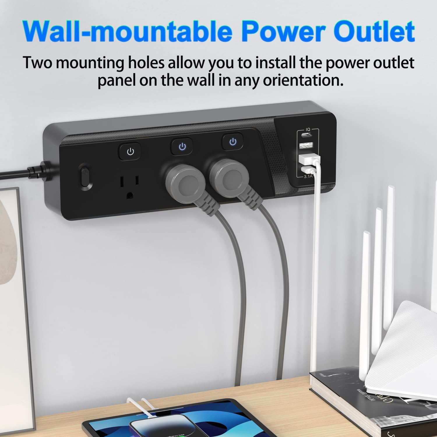 HITRENDS - Flat Plug Extension Cord, 6FT Power Bar with Individual Switches, 6 AC Outlets and 4 USB Ports (2 USB-B + 2 TYPE-C), Suitable for Bedrooms, Kitchens, Living Rooms, Offices, and More (Black)