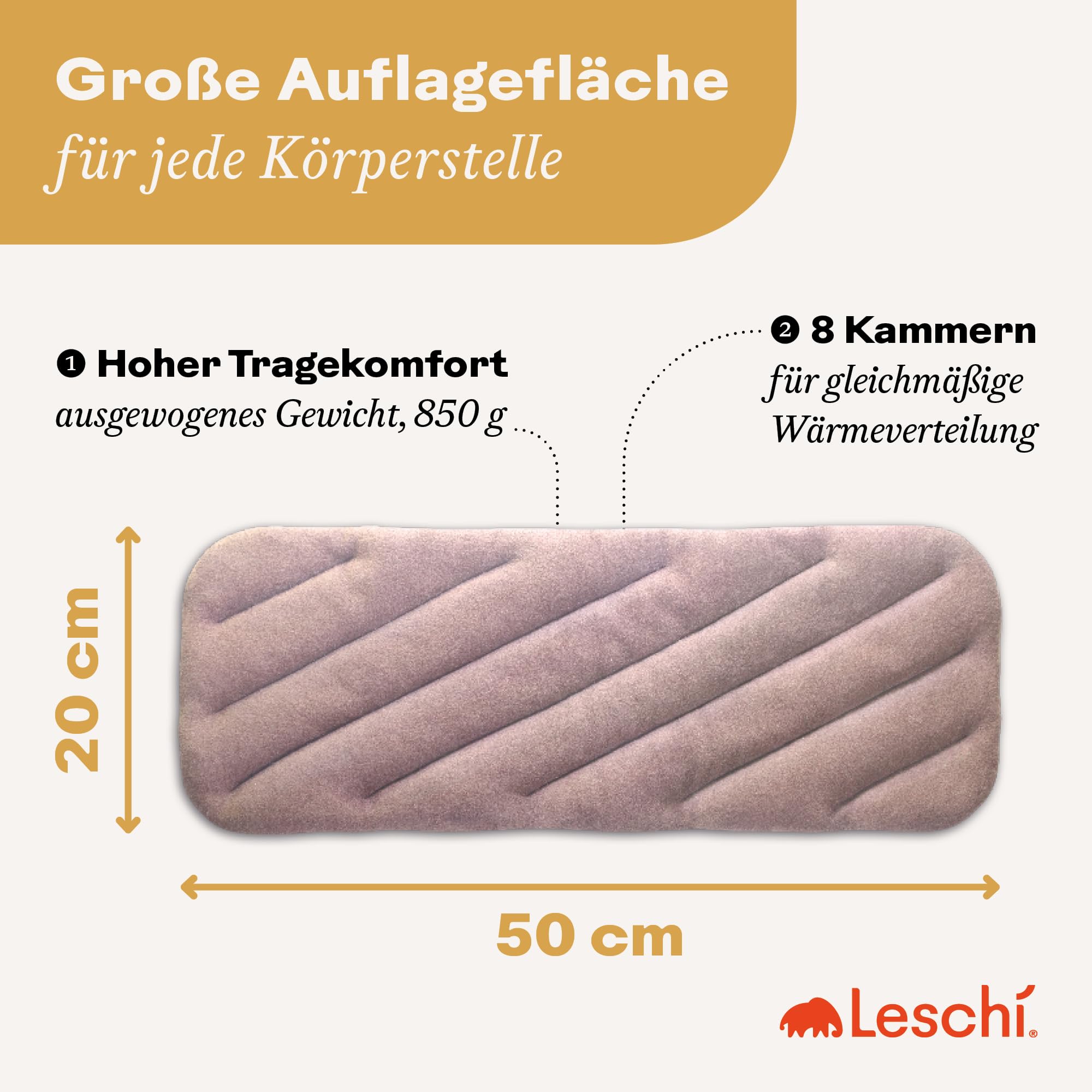 LESCHI XXL Wärmekissen für Mikrowelle (50x20 cm), 100% Bio Baumwolle und Bio Weizen, 8 Kammer Körnerkissen, Rosa, anschmiegsames Getreidekissen ideal als Wärmespender für Rücken Bauch Schulter Nacken
