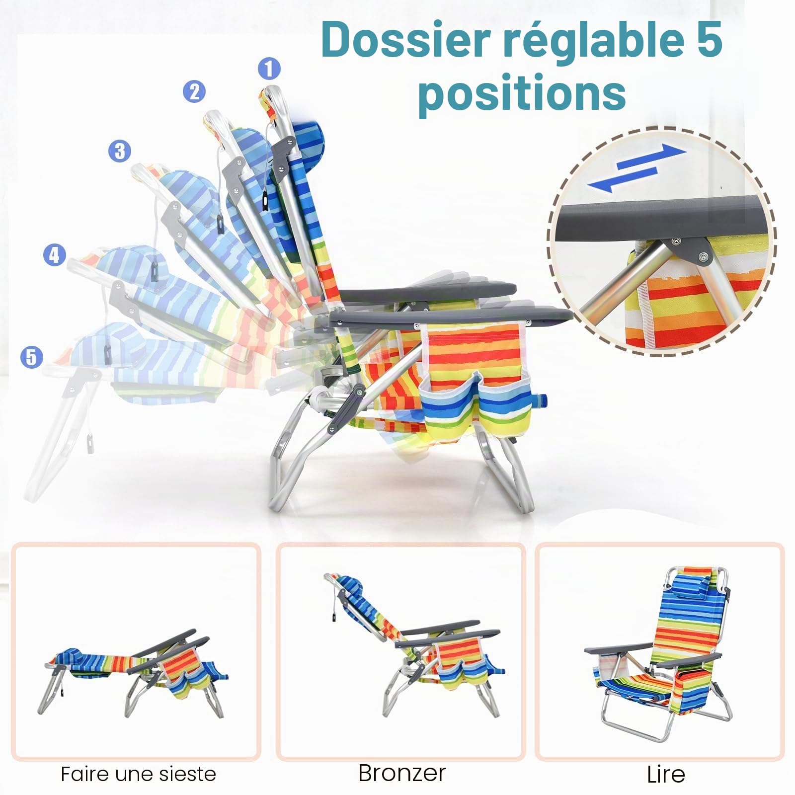 KOMFOTTEU Chaises de Plage Pliables avec Table Basse, Fauteil de Plage avec Appui-tête et Dossier réglable, Chaise de Camping, avec Sac de Glace, Sac de Rangement, Porte-gobelet (Jaune)