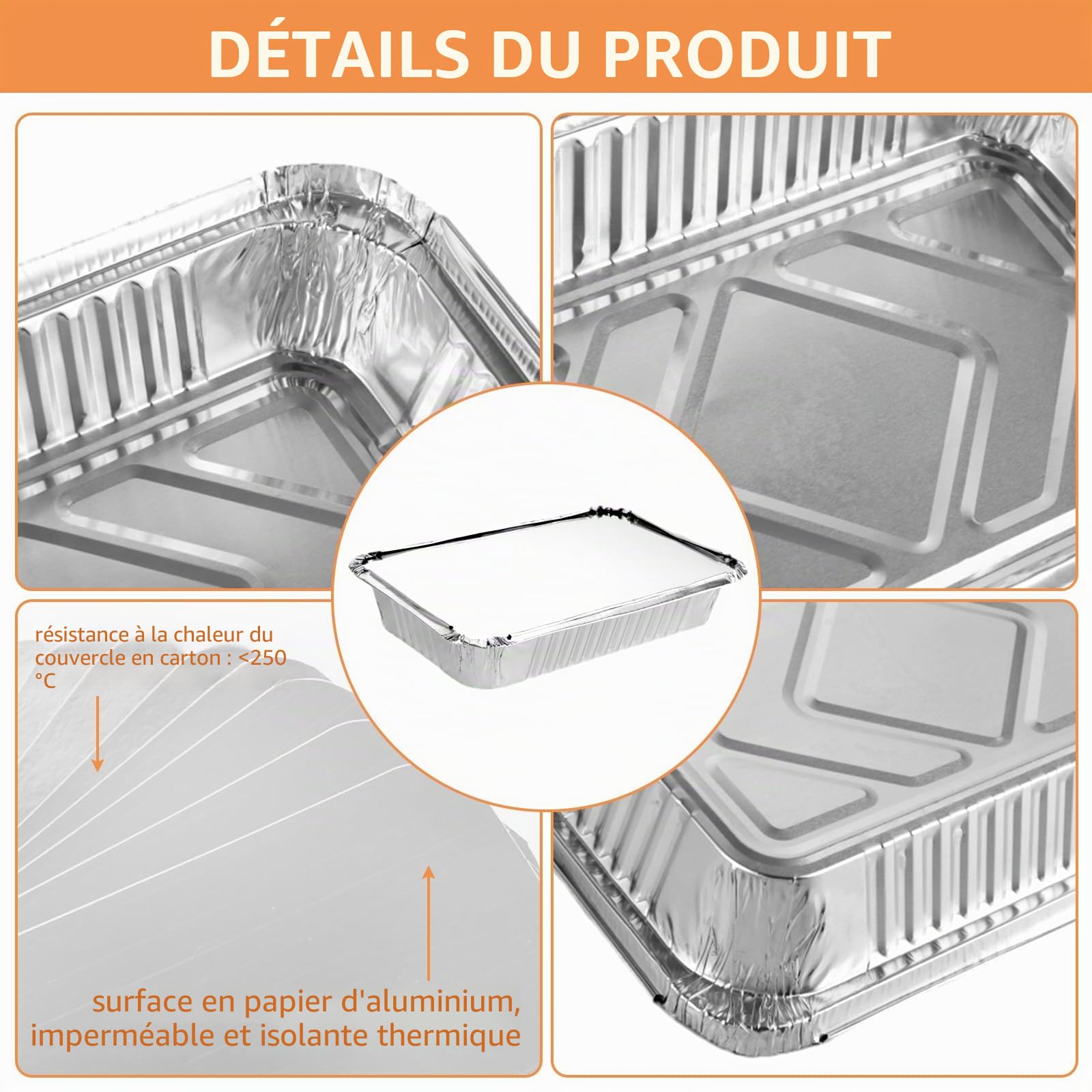 Lot de 100 barquettes en aluminium 850 ml Jetables Pour griller, rôtir, conserver 21 x 14 x 4 cm