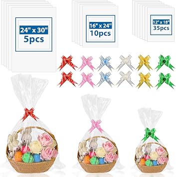 Yeumk 110pcs Cellophane Bags for Gift Baskets with Pull Bows 3 Sizes
