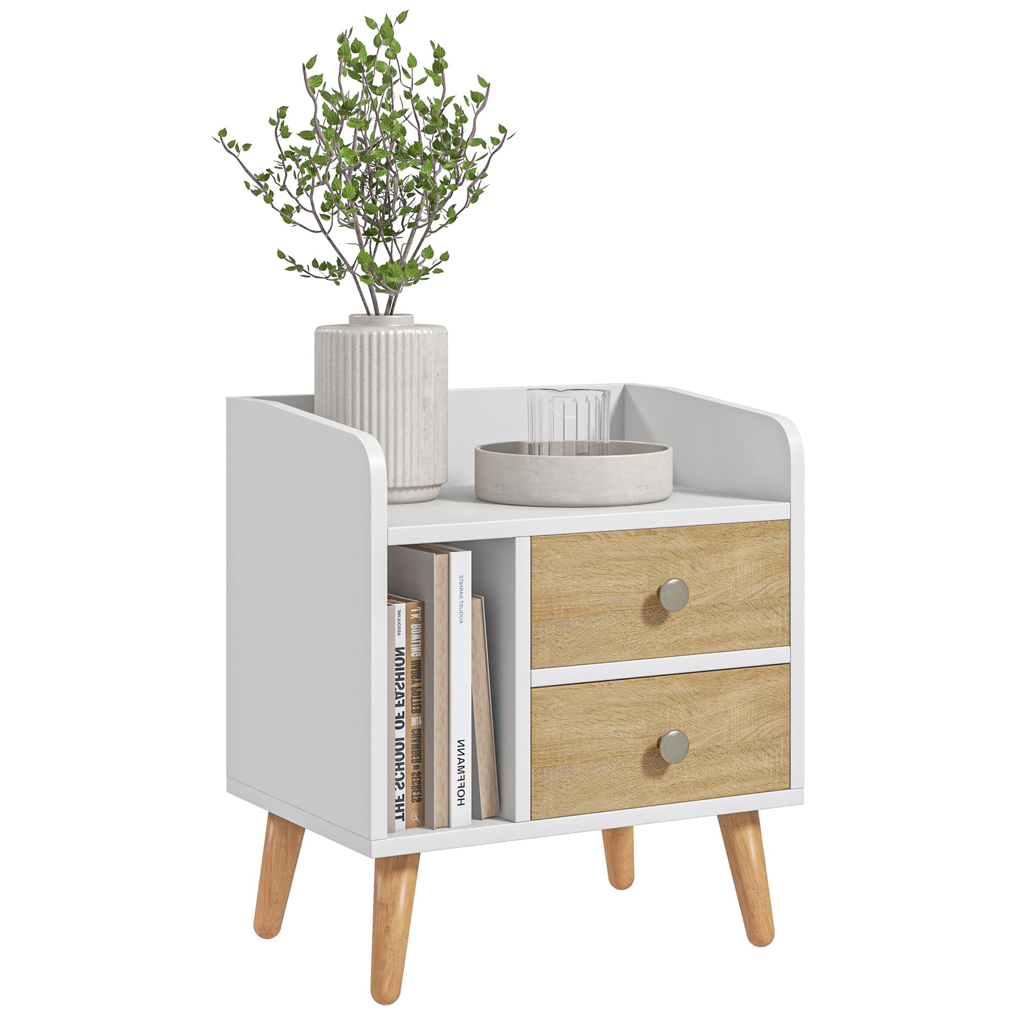 HOMCOM Mesita de Noche 2 Cajones Patas Elevadas de Pino 43x30x49 cm Blanco