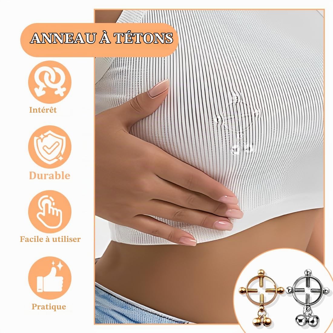 Faux piercing teton, Faux piercing, Faux Piercing Teton en Acier Inoxydable et Noir - Lot de 4 Bijoux Mamelon sans Piercing - Idéal pour Femme