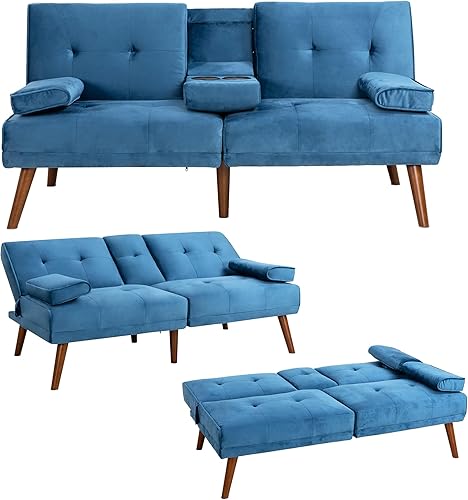 Miniatura 5 de Meilocar Sofá cama convertible tipo futón, sofá cama moderno, reclinable ajustable para sala de estar, reposabrazos extraíbles, 2 portavasos, 3